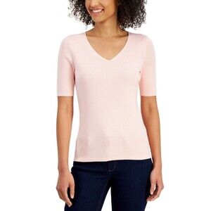 Anne Klein Women's Solid Half-Sleeve V-Neck Knit Top, Cherry Blossom, M